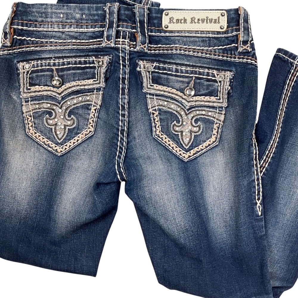 Rock Revival Ciel Jeans  Womens 26 Blue Easy Capri Rhinestone‎ Fleur De Lis